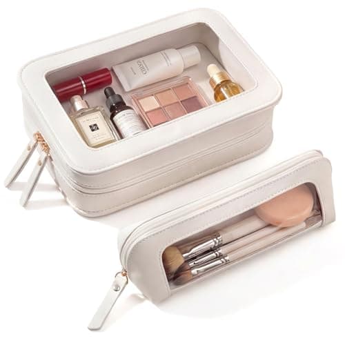 LETGO 2Pack Clear Makeup Bags Set,Portable Makeup Brush Bag,Portable Leather Travel Toiletry Bag Car Eessntials for Women (White)