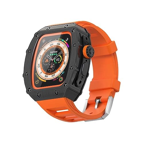 Luxury 49mm Case for Apple Watch Ultra 2 Band with Bumper Cover, Men's Heavy Duty iWatch Series 49mm Shock-resistant Case︱Fluororubber Sports Straps︱Screen Protector 3 in1 Kits (49mm, Orange)