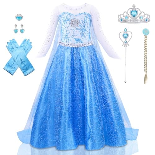 AHLPO Elsa Dress Princess Costume for Girls Birthday Party Halloween Cosplay Princess Dress Up Snow Queen Elsa Costume Fancy Dress Up with Long Cape for Toddler Kids Age 28 Year Old