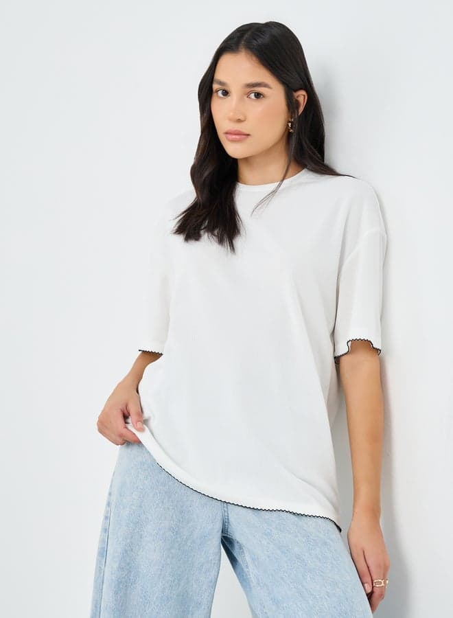 White Contrast Hem Textured Oversized T-Shirt