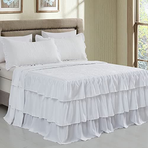 CHIXIN Ruffle Skirt Bedspread King Size - 30" Long Drop, Shabby Chic Style, Lightweight Bedding Cover, 3 Piece Set, Chic Layers, Pure White