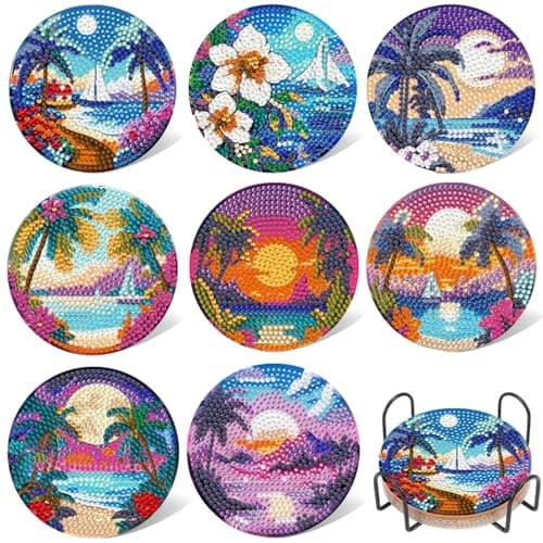 EWJRNSF 8 PCS Diamond Art Coasters Kit Small Diamond Painting Coasters Beach Diamond Art Kits for Adults Beginners Arts and Crafts Supplies Item Sets with Holder