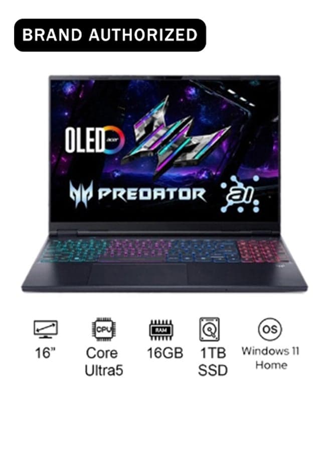 Predator Helios Neo 16 Gaming Laptop 14th Gen Intel Core Ultra 9-275HX 24 Cores Upto 5.4GHz/16GB DDR5 6400MHz/1TB SSD/8GB NVIDIA®GeForce®RTX 5060/16" WQXGA IPS 180Hz/W11/WiFi-6 English/Arabic Keyboard English/Arabic Obsidian Black