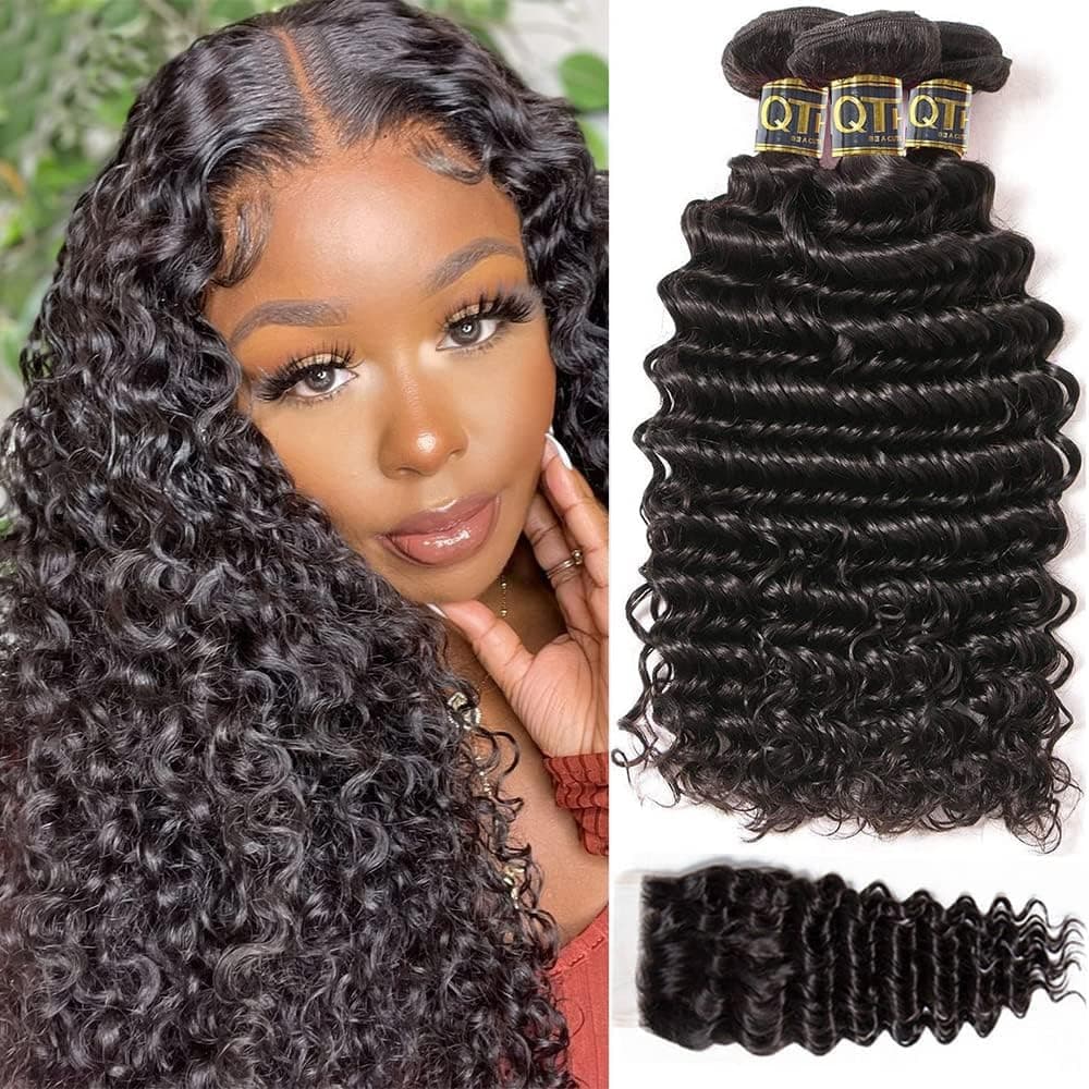 QTHAIR 16A Brazilian Virgin Hair Deep Wave Human Hair Bundles with HD Lace Closure 12 14 1612Natural Colr 1b Deep Curly Virgin Hair Bundles with Closure Transparent Lace