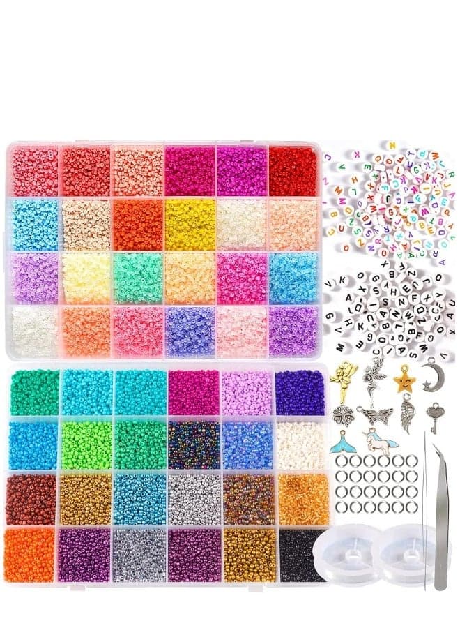 Glass Seed Beads for Jewelry Making Supplies Kit mall Bead Craft Set Bracelets Ring Necklace Making Kits Glass Seed Letter Alphabet Beads Charms Pendants DIY Art Craft Kit 35000pcs 2mm