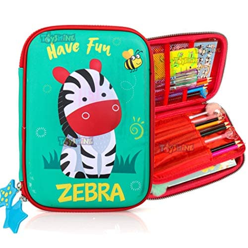 Toyshine Zebra Hardtop Pencil Case with Compartments - Kids Large Capacity School Supply Organizer Students Stationery Box - Girls Boys Pen Pouch, Multicolor
