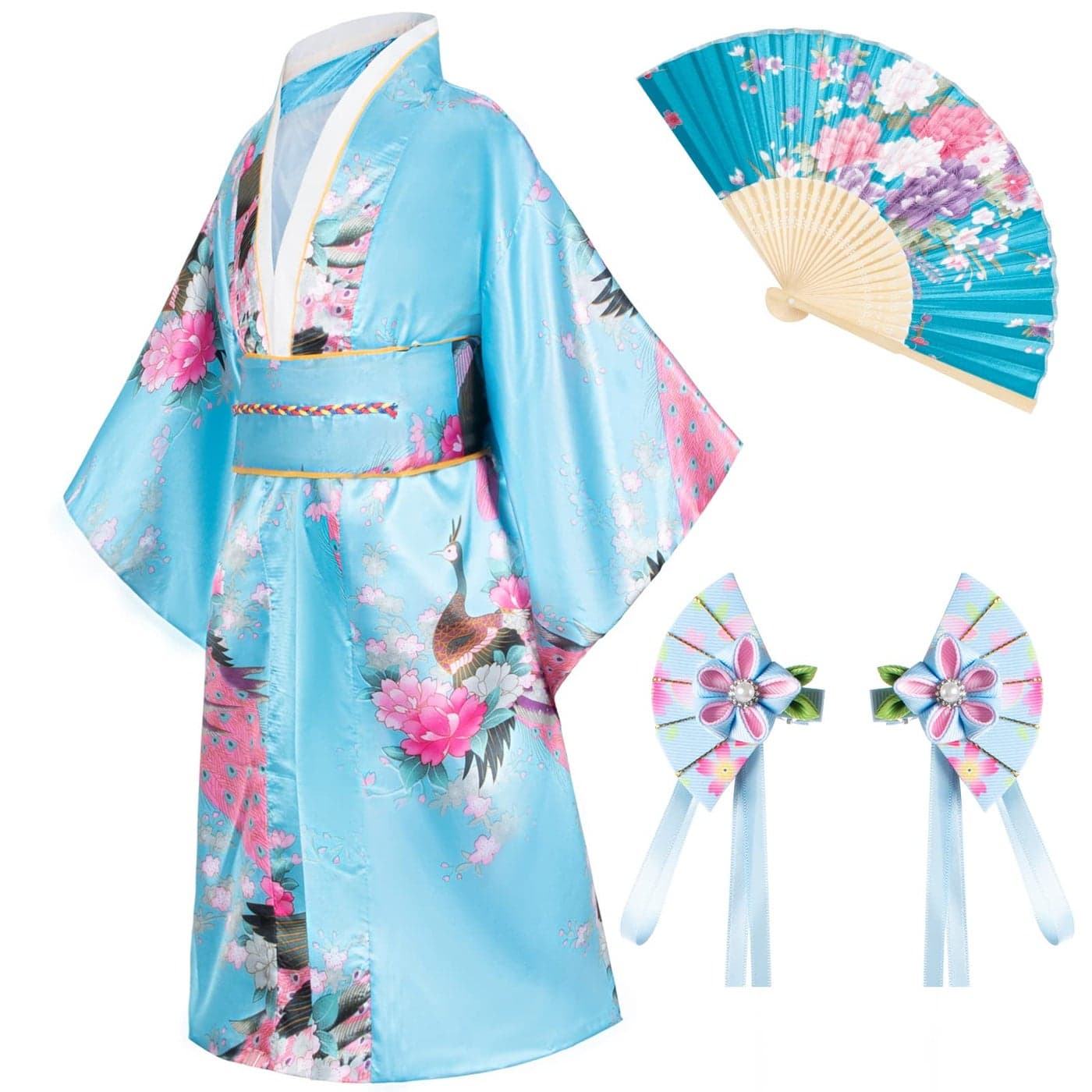 Japanese Traditional Dress Kimono Robe for Kids Girls Costume Silk Folding Fans hairstick SetSkyblue140cm