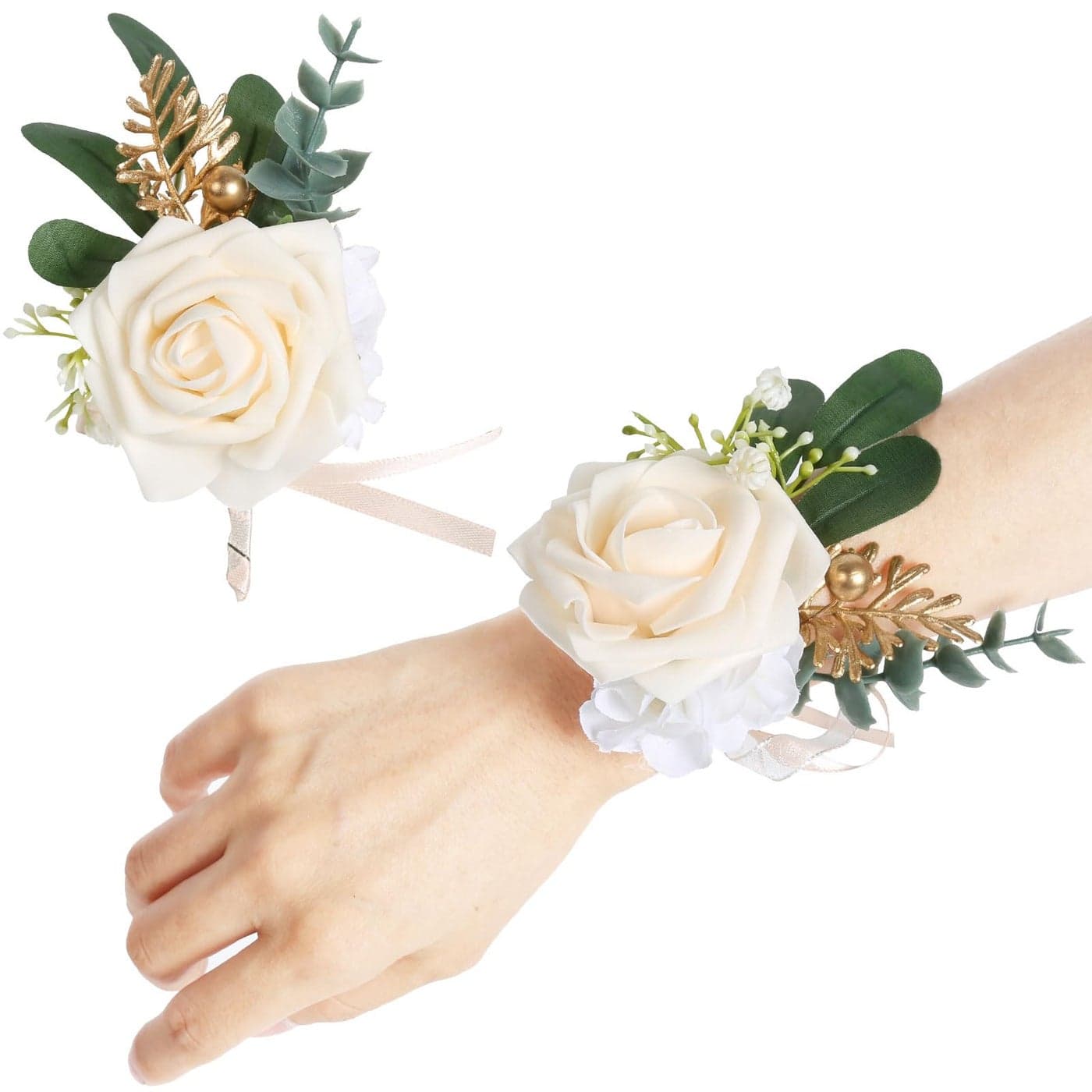 INSUNSIX Champagne Rose Wrist Corsage Bracelet Wristlet Band and Men Boutonniere Set Artificial Flowers Corsage Wristband Boutonniere Set for Wedding Prom Bride Groom Homecoming Suit Decorations