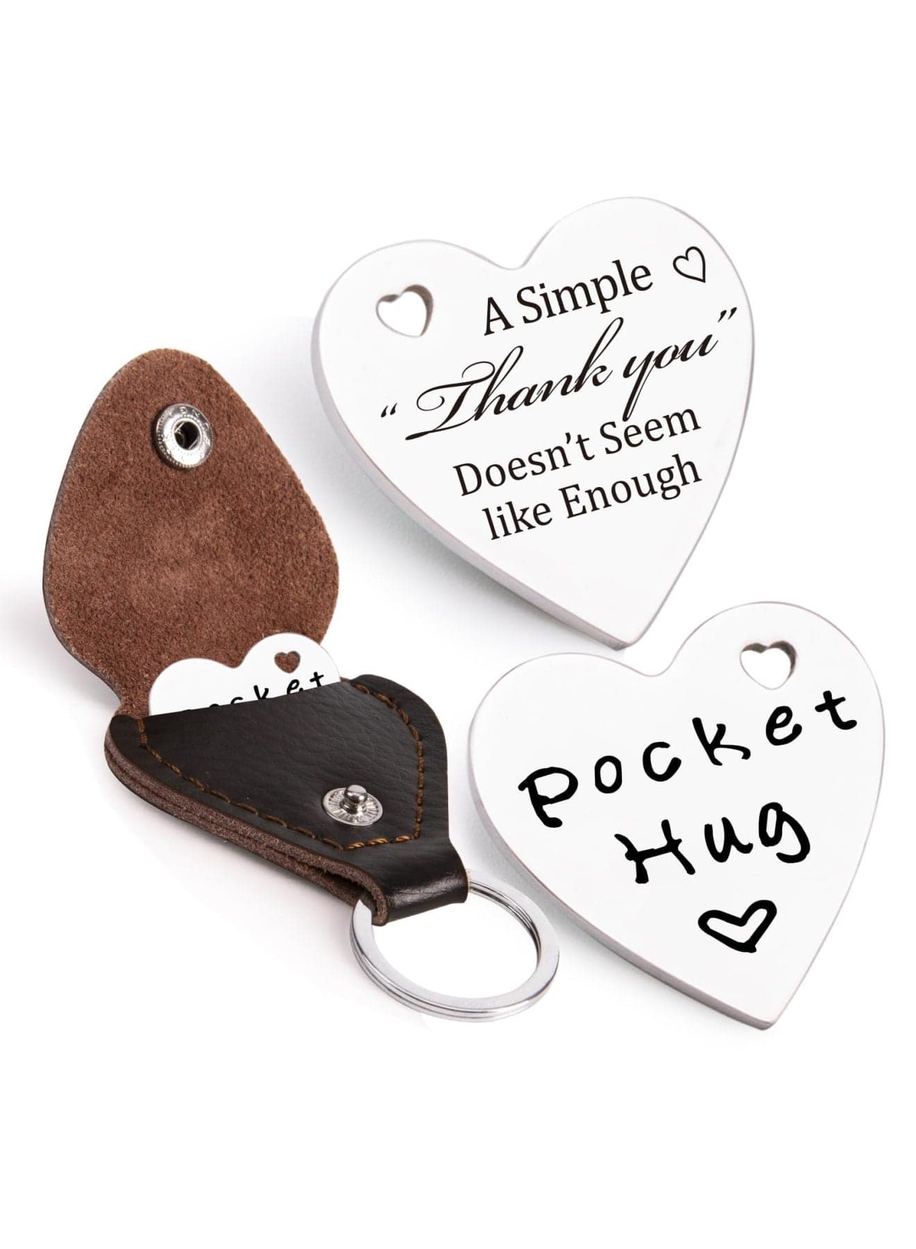 Pocket Hug Token, Long Distance Gift Keepsake, Double Sided Inspirational Coin with Stainless Steel and PU Leather Keychain, Thoughtful Gift for Lovers Couples Friends Men Women, Silver