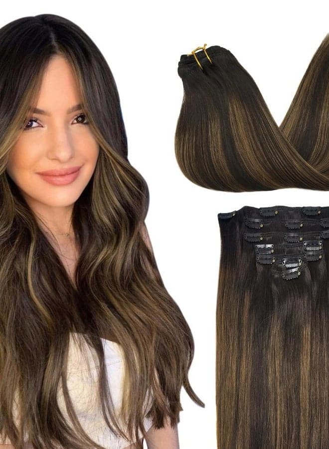 Clip in Hair Extensions Real Human Hair, 14inch 120g 7Pcs, #2/6/2 Balayage Dark Brown to Chestnut Brown, Remy Human Hair Extensions Clip ins for Women, Natural Human Hair