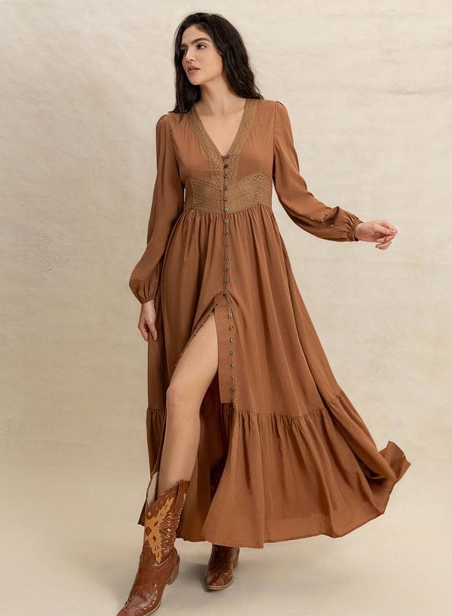 Women Brown Maxi Dress with Button Loop