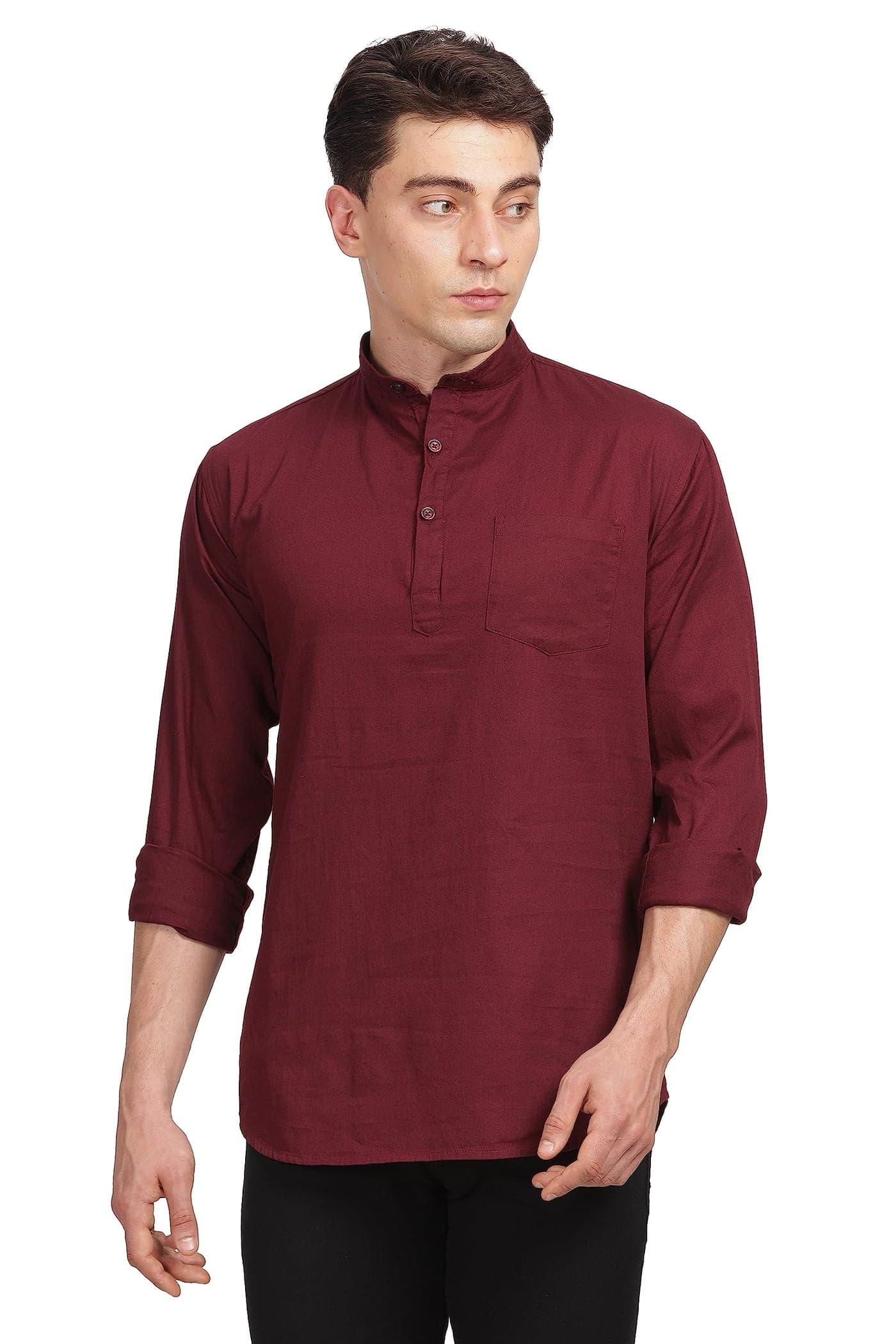 Miraan Men's Casual Cotton Short Kurta Shirt with Mandarin Collar (SIGSHORTKURTAMAROONXXXXL, XXXX-Large, Maroon)