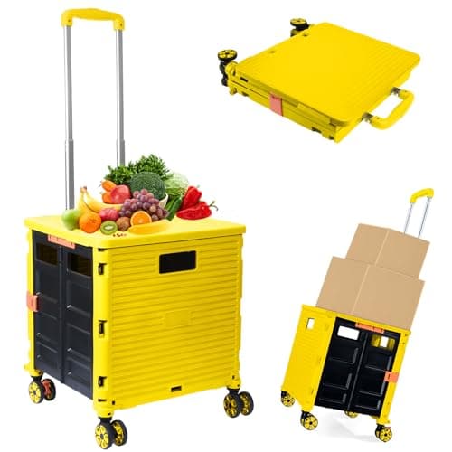 Foldable Utility Cart Folding Portable Rolling Crate Handcart Shopping Trolley Wheel Box with Lid WearResistant Noiseless 360Rotate Wheel for Travel Shopping Moving Storage Office Use Yellow