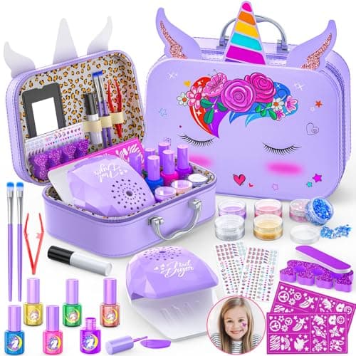 Kids Nail Polish Set for Girls Nail Art Kit with Nail Dryer DIY Nail Stickers Nail Kit Toys for Girls with NonToxic Nail PolishAge 312 Little Girl Gift Toys Purple