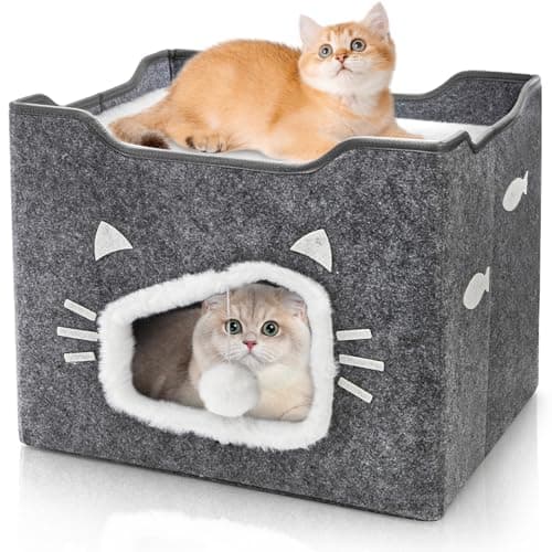 Acshio Cat House for Indoor Cats Large Covered Cat Bed with Cushion Pad Fluffy Ball Hanging Foldable Cute Cat Cave Bed Cat Condo Hideaway for Pet Cats Multi Small Pet Grey