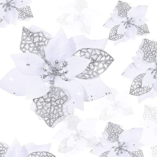 Boao 24 Pieces Christmas Artificial Glitter Poinsettia Flowers Xmas Flowers Wedding Christmas Tree New Year OrnamentsWhite