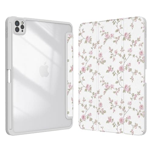 Xkladz Case for iPad Air 13 Inch M3 2025/M2 2024, iPad Pro 12.9 inch 6th /5th /4th/ 3rd Generation (2022/2021/2020/2018), Stand Case Cover with Pencil Holder/Clear Back, Auto Sleep/Wake, Pink Flower