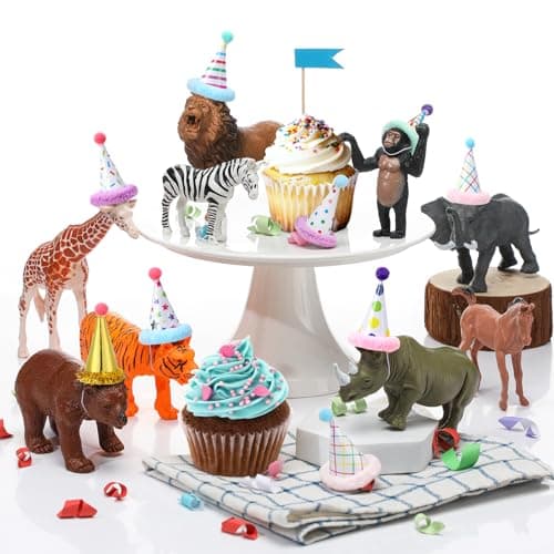 Colingmill 18 Pcs Jungle Animal Birthday Party Decorations Mini Birthday Hat Animal Figure Model Cake Toppers with Mini Hat for Birthday Party Wild Animals Themed Party