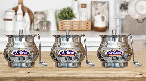 Apeiron Stainless Steel Ghee/Oil Pot with Spoon and Lid - 300 ml (Pack of 3, Lota Hammered)