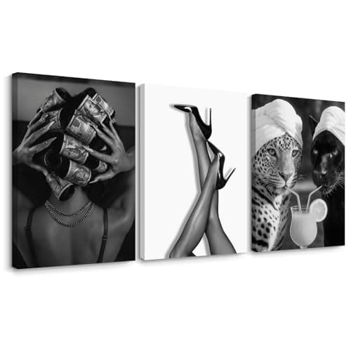 Black White Leopard Wall Art Trendy Cheetah Canvas Wall Decor Fashion Cocktail Poster Pictures Cheetah Stylish Prints Heels Painting for Bathroom Bedroom 16x24 Inch Framed Set of 3