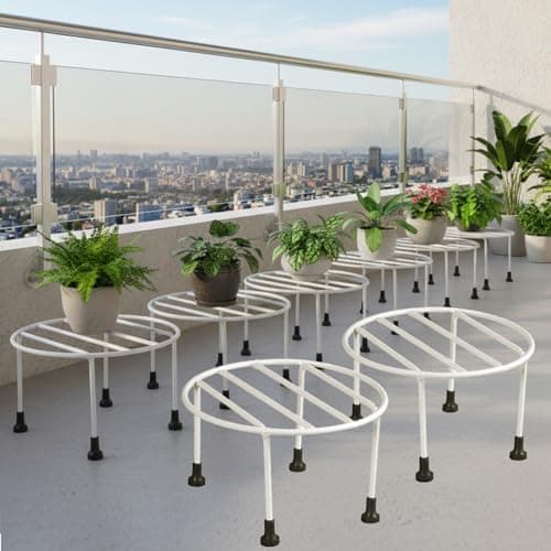 ORILEY Plant Round Stand Galvanised Metal Flower Pot Stand Gamla Support Corner Rack Outdoor Display Shelf for Home Garden Balcony Decoration - (Pack of 8, White)