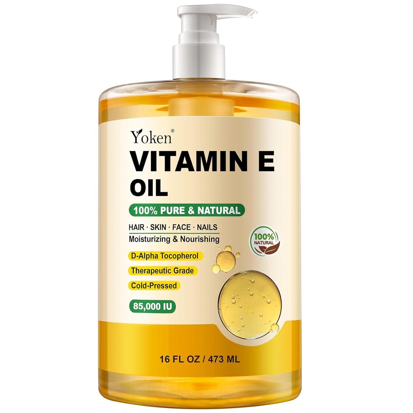 Yoken Vitamin E Oil 16 Fl Oz Organic Vitamin E Oil for Skin 85000 IU Bulk Vitamine oils for Scars HairFaceNailCold Pressed Hexane Free Formula Liquid Perfect Scalp Care Bath and Body oils