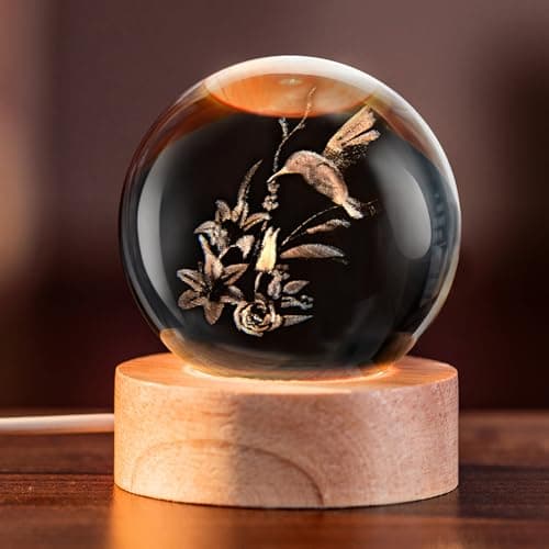 IFOLAINA 3D Hummingbird Crystal Ball with Wooden Light Base 2.36" Engraved Hummingbird Glass Decorative Globe Lamp Decor Hummingbird Gifts for Women Friends Lovers