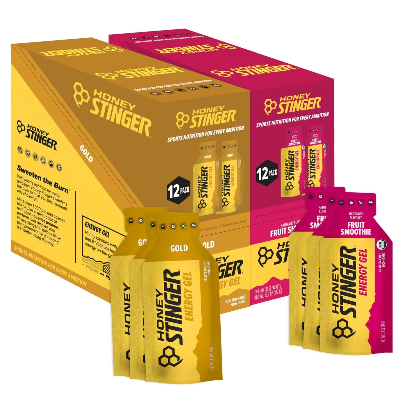 Honey Stinger Energy Gel Variety Pack 12 Packs Each of Gold and Organic Fruit Smoothie Gluten Free Caffeine Free Sports Nutrition for Home Gym Pre and Mid Workout