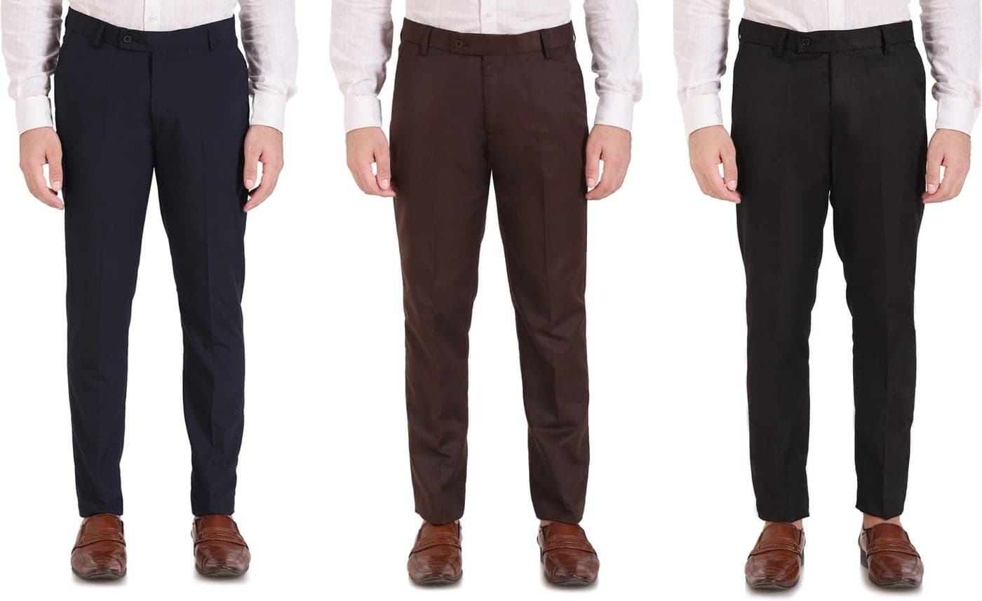ELANHOOD Men's Regular Fit Formal Mid Rise Trousers/Pant (28, Black::Blue::Brown)