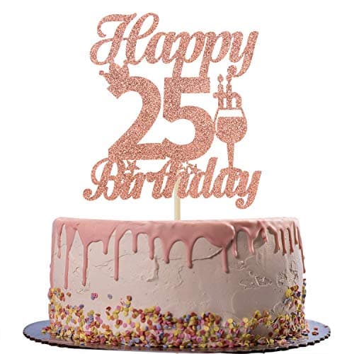Festiko®Rose Gold Glitter Happy 25th Birthday Cake Topper - Cheers to 25 Years Old Cake Decor - 25th Birthday/Anniversary Party Decoration Supplies