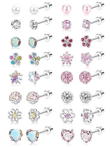THUNARAZ 16 Pairs Hypoallergenic Screw Back Earrings for Women Girls Surgical Steel Tiny CZ Pearl Ball Heart Flower Screwback Flat Back Stud Earrings Set 20G
