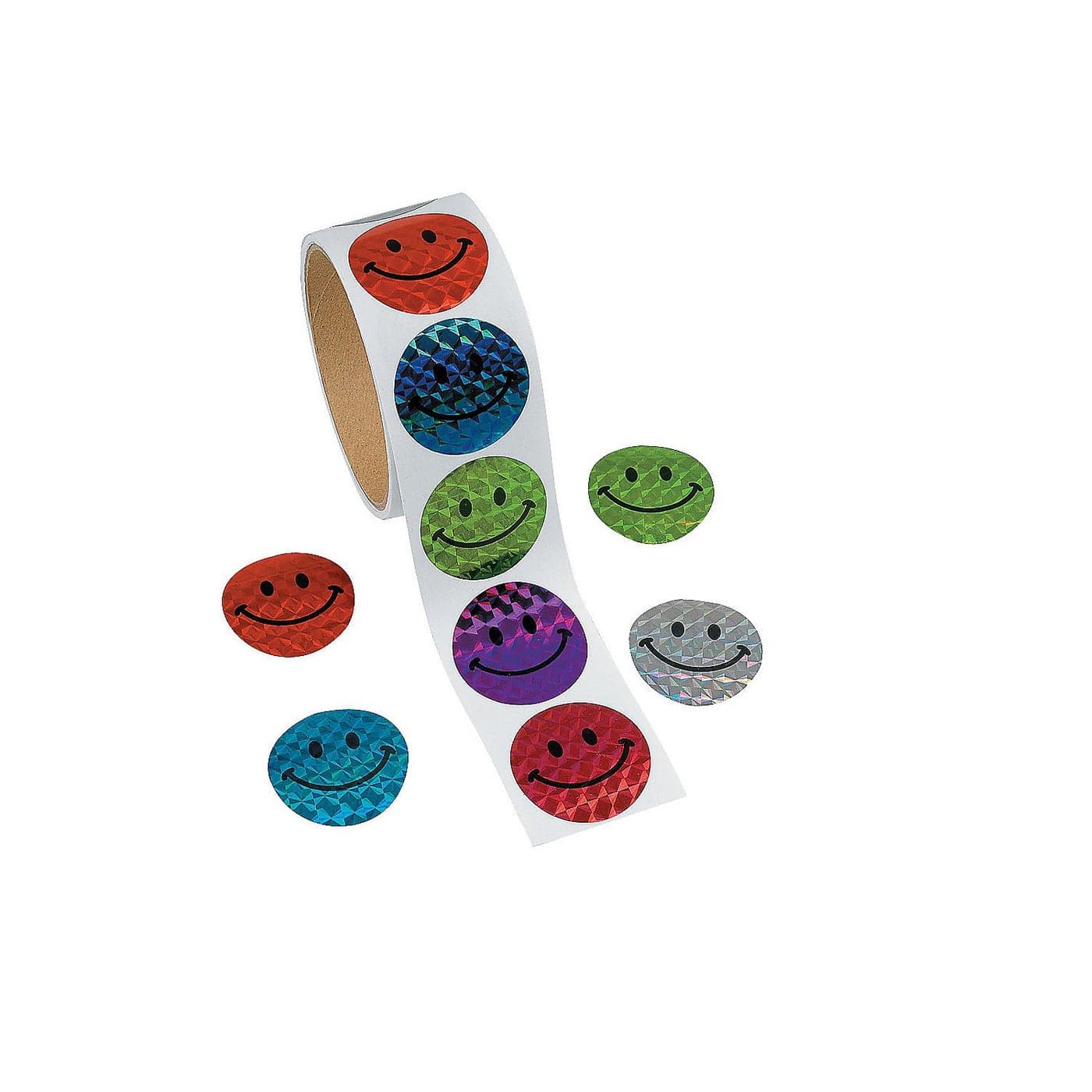 Fun Express Vibrant Paper Laser Smile Face Sticker Roll 15 1 Roll of 100 Stickers Perfect for Kids Party Favors and DIY Craft Projects