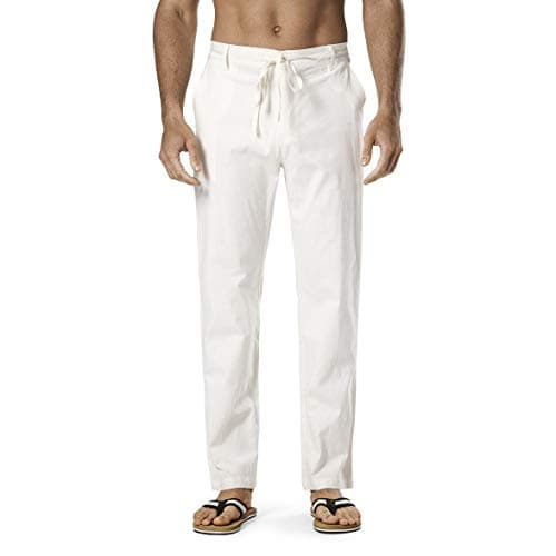 DELCARINO Men's Drawstring Linen Pant Elastic Waist Relaxed-Fit Casual Beach Trousers (X-Large, White)