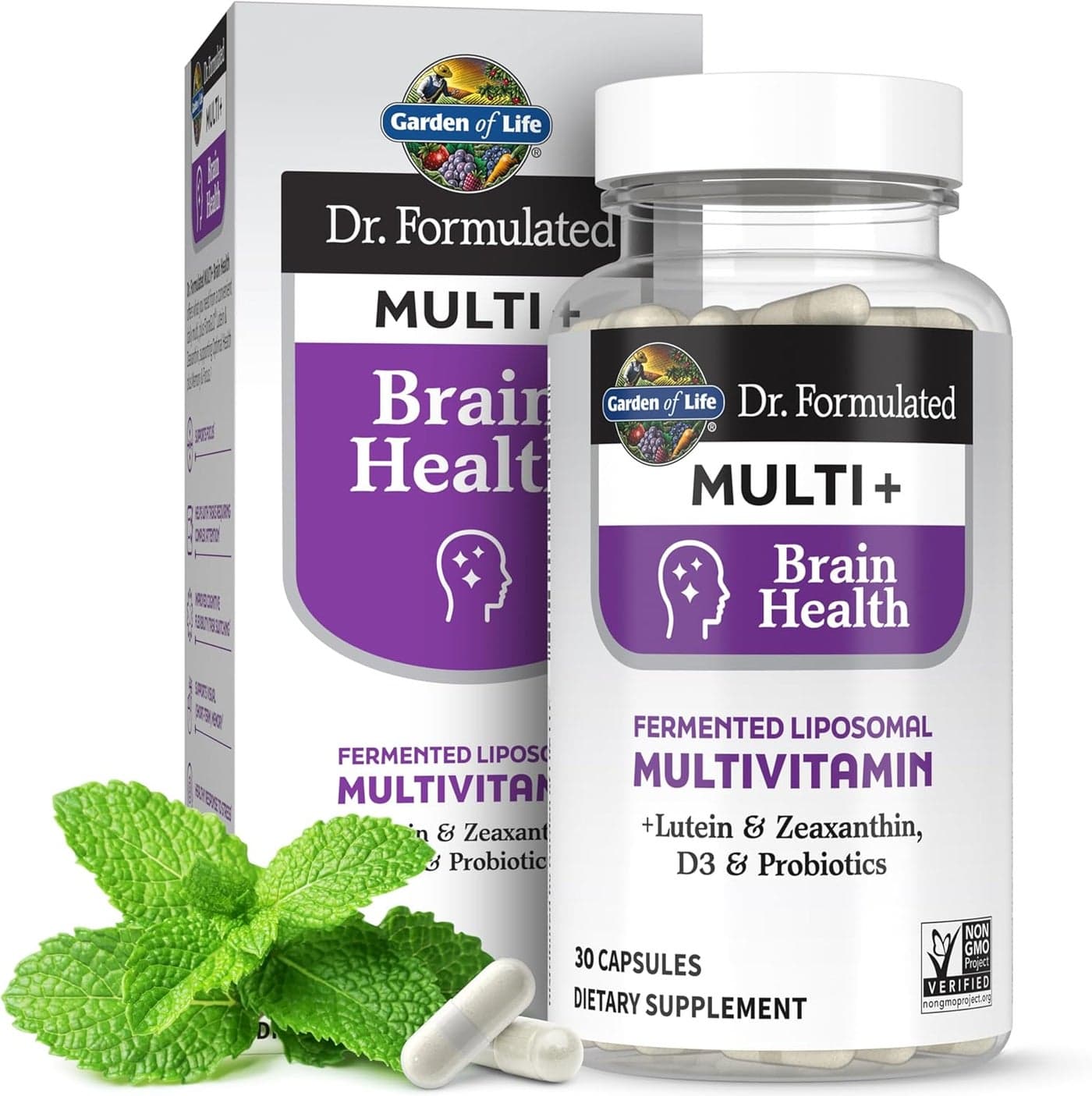Garden of Life Dr Formulated Multi Brain Health Fermented Liposomal Multivitamin Lutein Zeaxanthin Vitamin D3 Probiotics Memory Focus Support Digestive Immune Health 30 Capsules