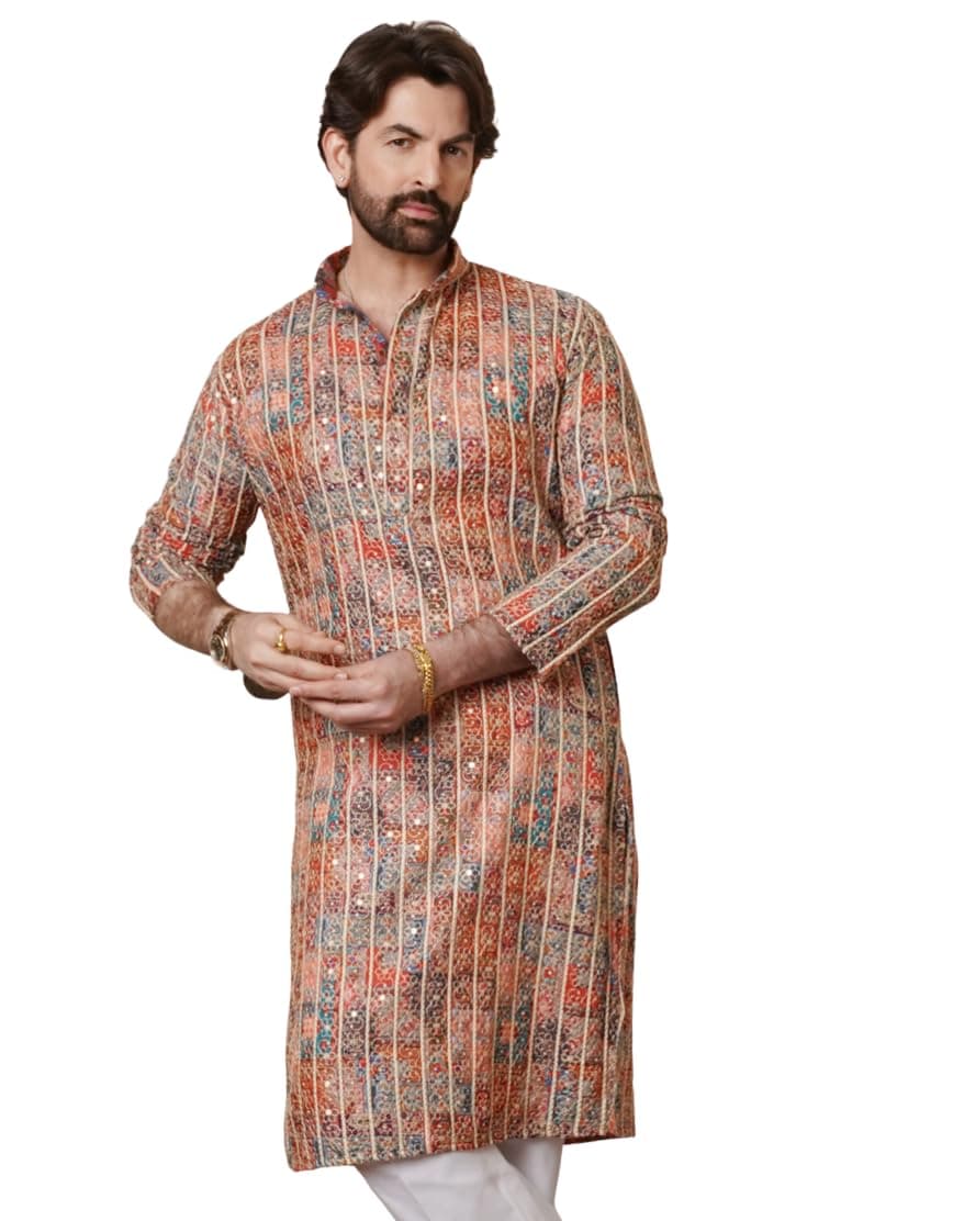 SOJANYA (Since 1958 Men's Cotton Silk Gold Thread Floral Embroidered Multicolor Only Long Kurta