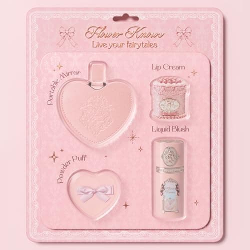 Flower Knows Strawberry Kiss Delight Set 4 Pieces Strawberry Cupid Makeup Gift KitIncludes Lip CreamLiquid BlushPortable MirrorPowder PuffPortable Beauty for Women Girls