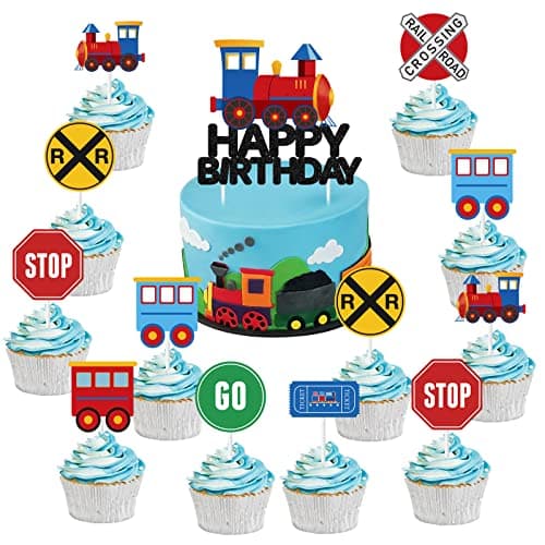 Train Cake Toppers for Boys 25 Pcs Traffic Happy Birthday Cupcake Toppers Transportation Theme Cake Decorations for Birthday Party Railroad Train Crossing Theme Party Decorations