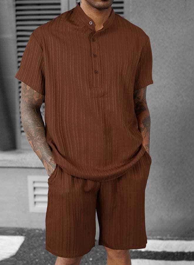 Men Brown Textured Stand Collar Short Sleeve Polo T-Shirt and Shorts Co-Ords