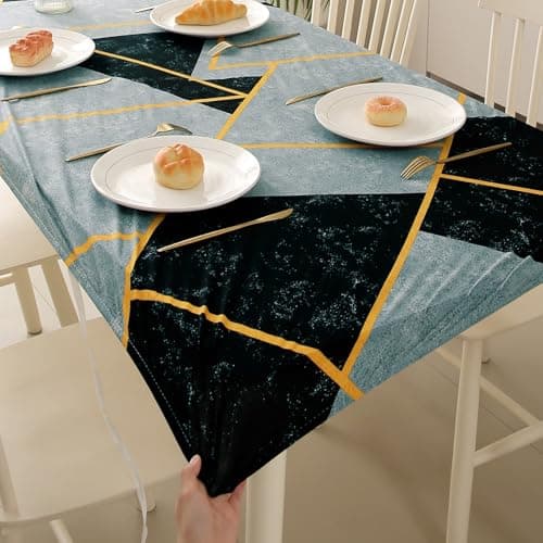 HOKIPO 'Elira Series' Stretch Fit Water-Repellent & Anti-Slip Table Cloth for 6 Seater, Size 63X35 inch, Multicolor Abstract Geometry (AR-5943-C10)