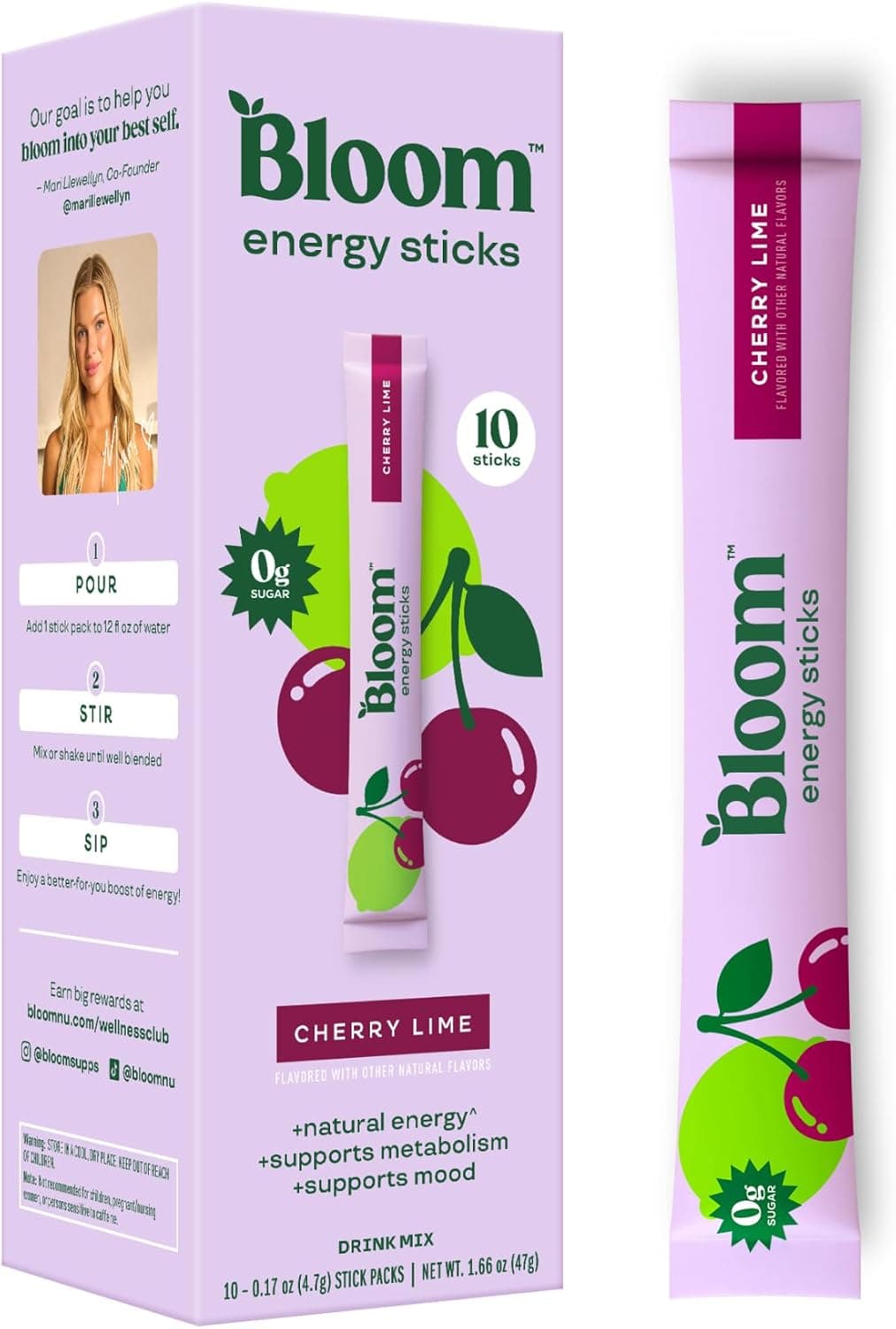 Bloom Nutrition Cherry Lime Energy Drink Powder Packets - Sugar Free, Natural Caffeine, 10 Sticks