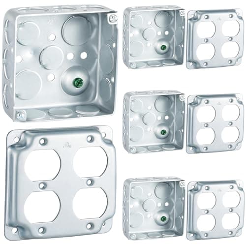 Copkim 4 Set 4 × 4" Electrical Junction Box with Cover Electrical Metal Outlet Box, 21.0 Cu. in. Capacity Receptacle Exposed Work Cover, 1-1/2'' Deep(Double Duplex)