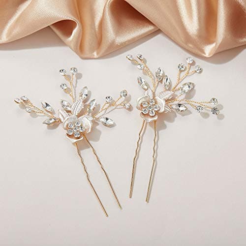 SWEETV 2Pcs Wedding Hair Pins Bridal Rhinestone Wedding Hair Accessories Hair Pieces for Brides Bridesmaid,Rose Gold