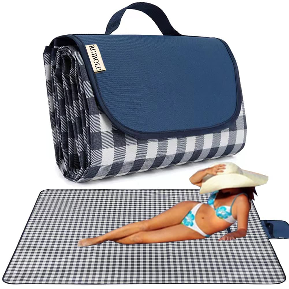 RUIBOLU Beach Blanket Large Picnic Blankets 80x60in Sandproof Beach Mat for 24 Adults Waterproof Quick Drying Outdoor Picnic Mat for Travel Camping Hiking Festival Park Lawn Dark Blue Plaids