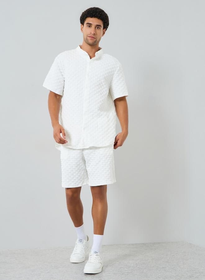 Men Textured Stand Collar Shirt and Shorts Co-Ords