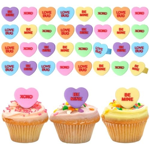 Reallnaive 48 Pcs Valentines Day Conversation Heart Cupcake Rings Silicone Cupcake Topper Rings Decorations for Valentines Galentines Wedding Engagement Bridal Shower Birthday Party Cake Decorations