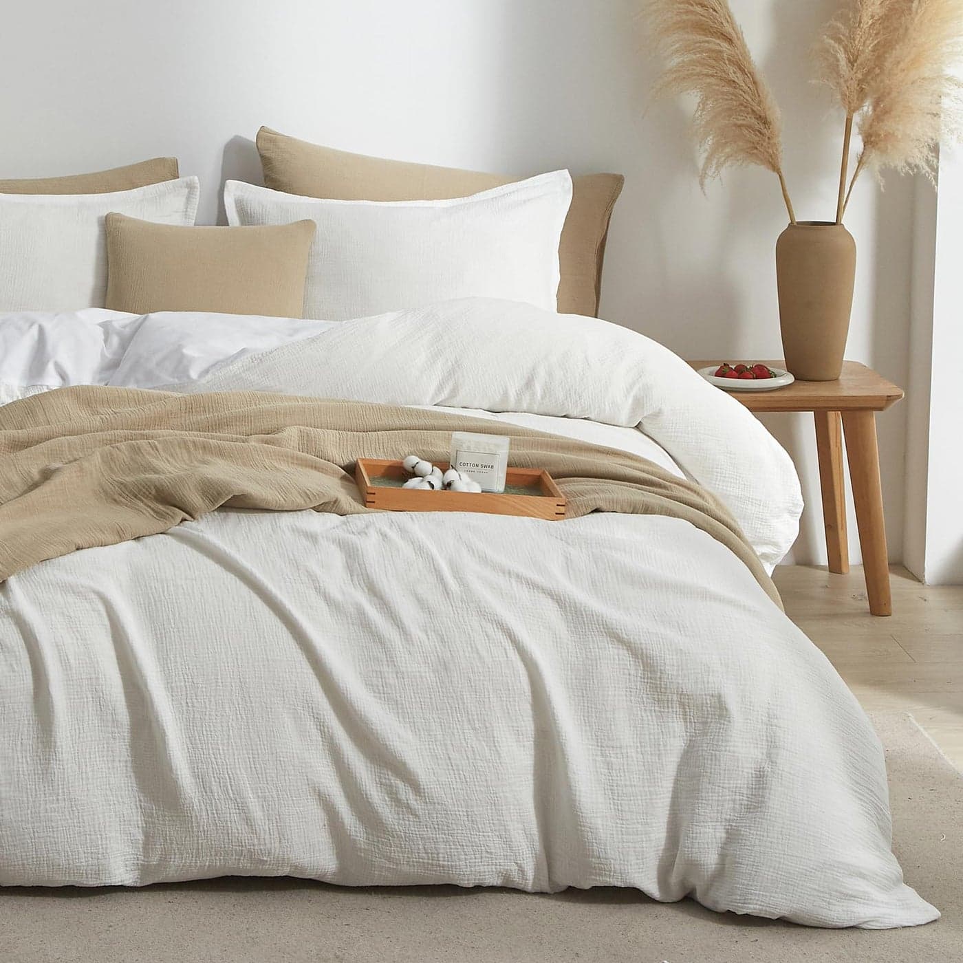 Bailix Muslin Duvet Cover Set Queen Size 100 Washed Cotton Gauze Duvet Cover for All Seasons Linen Like 3 PCS 1 Fluffy Duvet Cover90x90 with 2 Pillow Shams20x26 White