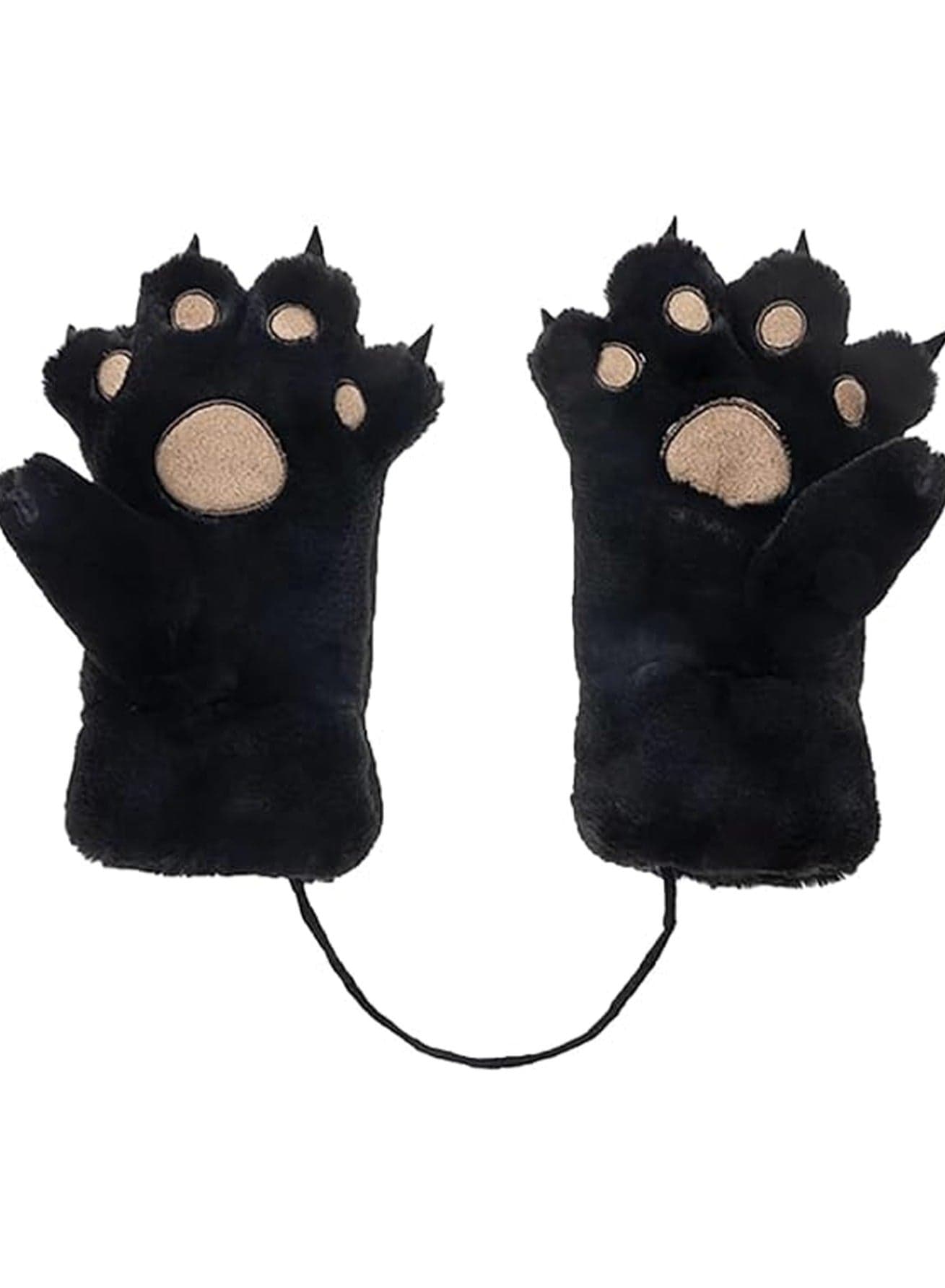 Winter Gloves Cartoon Plush Paw Gloves Warm Gloves with Neck Strap Children Girls Boys Gift Role Play Costume Gloves (Black)