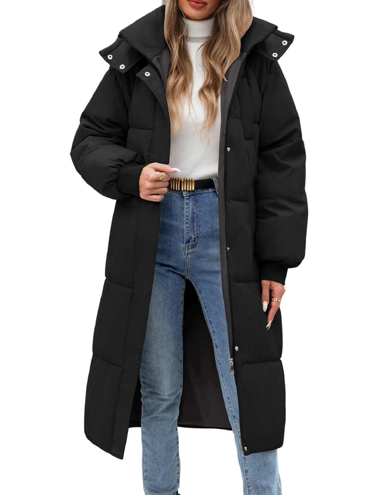 VXVGER Women Long Puffer Coat Winter Warm Hooded Jacket Long Sleeve Parka Full Length Down Coats With Zip,Black,XL