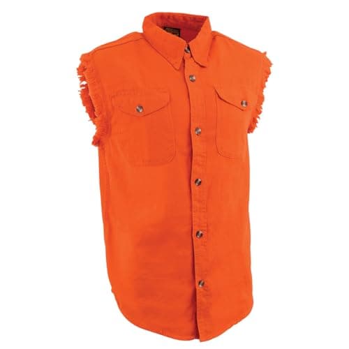 Milwaukee Leather DM1003 Men's Orange Lightweight Denim Shirt with Sleeveless Frayed Cut Off - Large