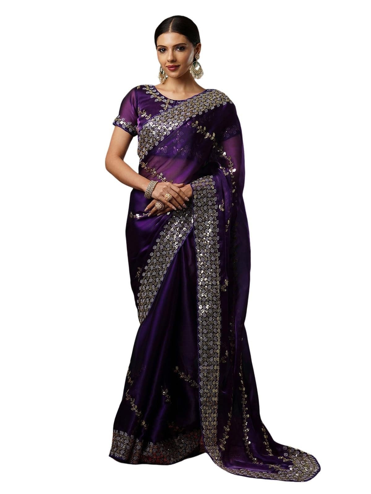 Satrani Women's Tissue Silk Sequence Embroidery Work Scalloped Border Saree with Unstitched Blouse Piece (3905S154N_Midnight Purple)